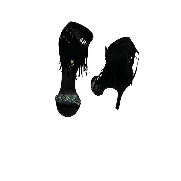 athena women black fringe ankle straps stiletto heels sandals sz 7 - Picture 1 of 11